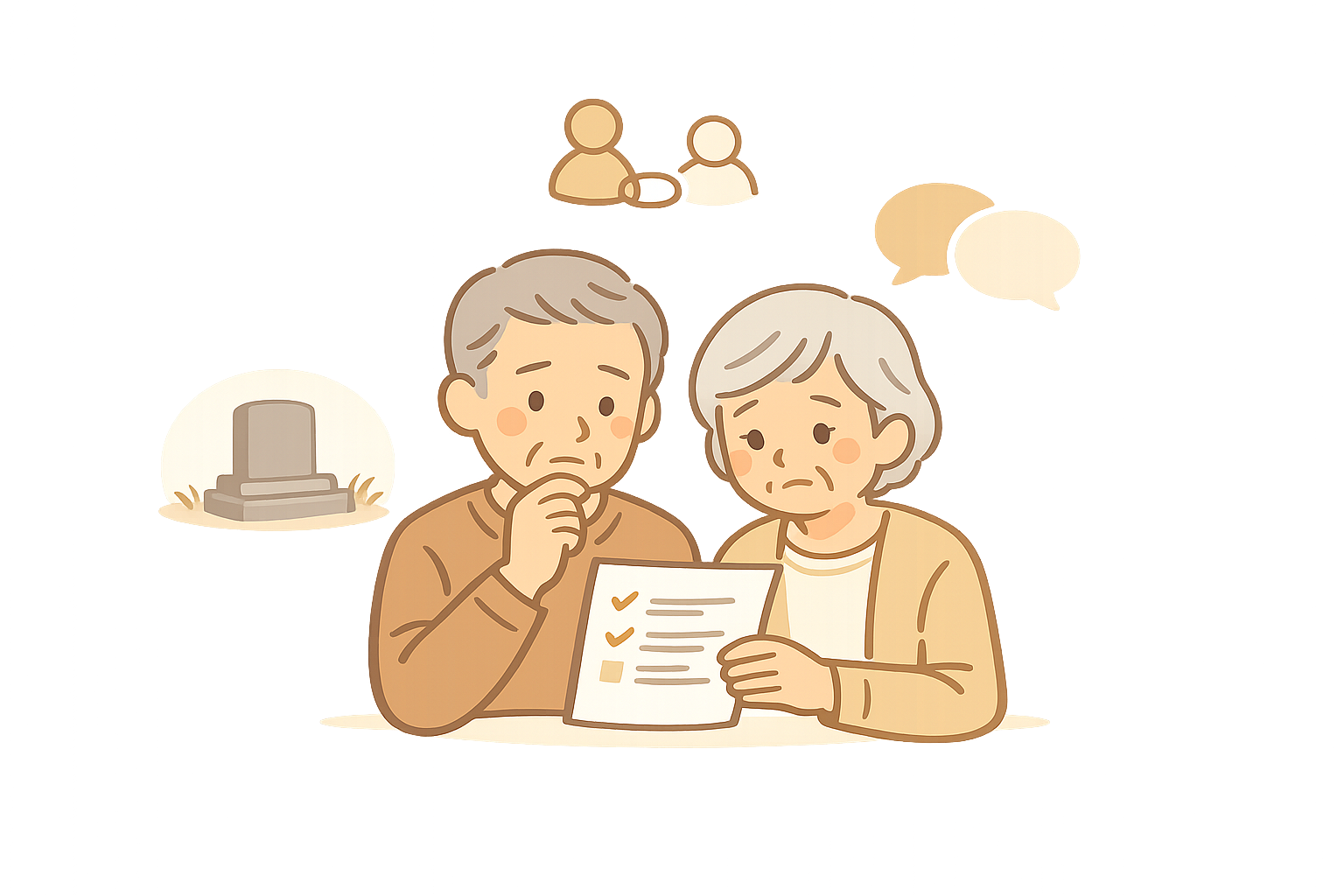 お墓を継ぐ人がいないことについて考える夫婦のイラスト